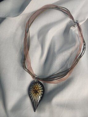 Art Glass Teardrop Flower Pendant Necklace Amber Brown Ribbon Cord
